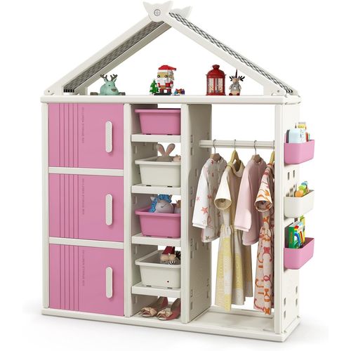 Armoire à Vêtements Enfant En Hdpe Avec Tige De Suspension et Étagères et Cubes et Bacs (rose)