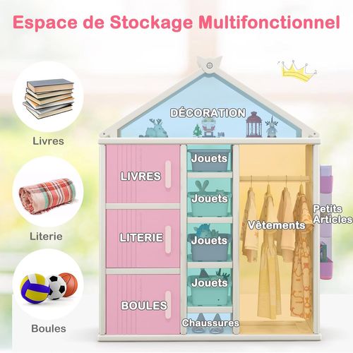 Armoire à Vêtements Enfant En Hdpe Avec Tige De Suspension et Étagères et Cubes et Bacs (rose)