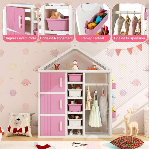 Armoire à Vêtements Enfant En Hdpe Avec Tige De Suspension et Étagères et Cubes et Bacs (rose)