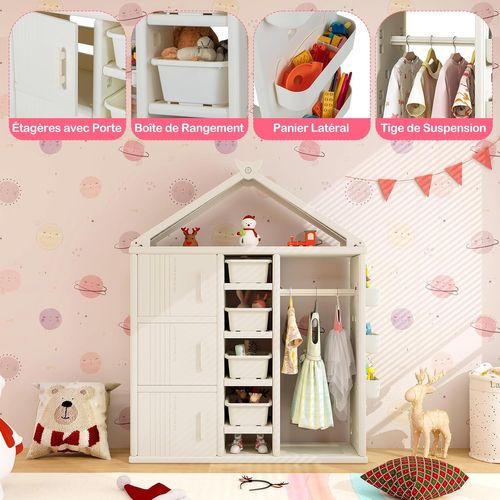 Armoire à Vêtements Enfant En Hdpe Avec Tige De Suspension et Étagères et Cubes et Bacs (blanc)