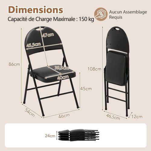 Lot De 2 Chaises Pliantes Rembourrées Avec Dossier Recouvert En Cuir Pvc, Noir (46 X 54 X 86)