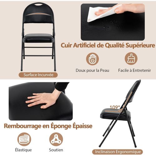 Lot De 2 Chaises Pliantes Rembourrées Avec Dossier Recouvert En Cuir Pvc, Noir (46 X 54 X 86)