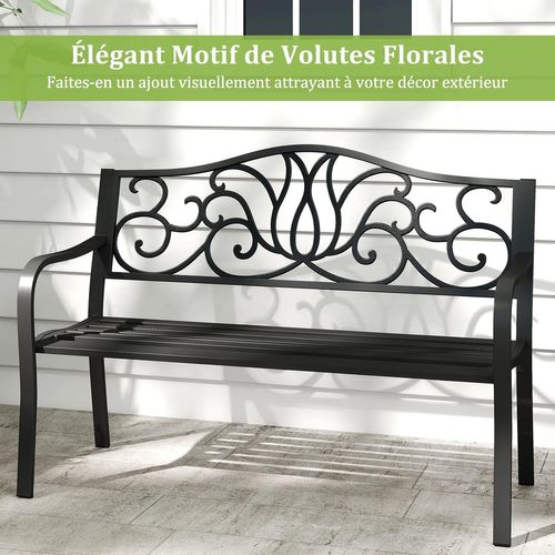 Banc Exterieur Jardin Pour 2-3 Personnes, Dossier à Motif Floral (noir,127 X 61,5 X 89 Cm)