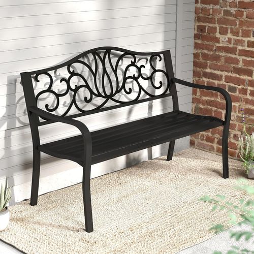 Banc Exterieur Jardin Pour 2-3 Personnes, Dossier à Motif Floral (noir,127 X 61,5 X 89 Cm)