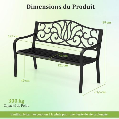 Banc Exterieur Jardin Pour 2-3 Personnes, Dossier à Motif Floral (noir,127 X 61,5 X 89 Cm)