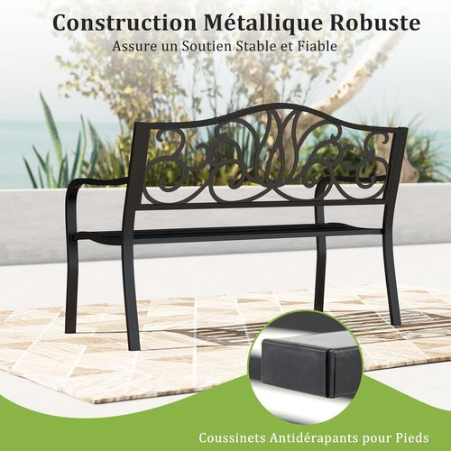 Banc Exterieur Jardin Pour 2-3 Personnes, Dossier à Motif Floral (noir,127 X 61,5 X 89 Cm)