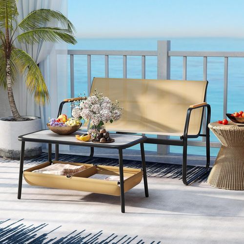 Salon De Jardin 2 Pièces Causeuse, 2 Compartiments De Rangement Cadre En Métal