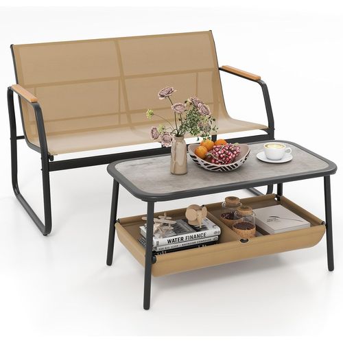 Salon De Jardin 2 Pièces Causeuse, 2 Compartiments De Rangement Cadre En Métal