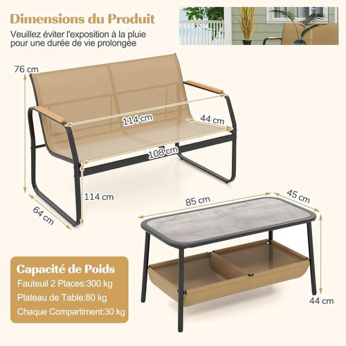 Salon De Jardin 2 Pièces Causeuse, 2 Compartiments De Rangement Cadre En Métal