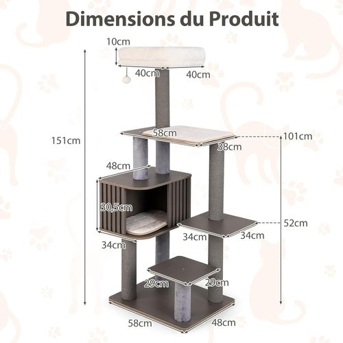 Arbre à Chat XXL, Arbre à Chat Bois, 5 Plateformes, 3 Poteaux à Griffer, 58×48×151/171 Cm (151 Cm)