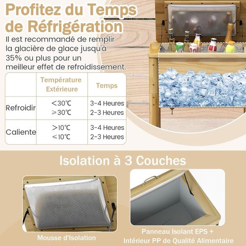 Glacière De Terrasse En Bois, Glacière D'extérieur 51 L Avec 3 Poignées Et Décapsuleur (marron)