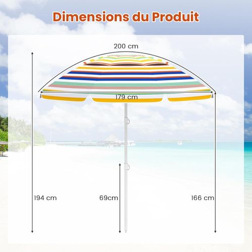 Parasol De Plage Ø200 Cm, 30° Inclinaison, Panneau Solaire Upf 50+ (multicolore)
