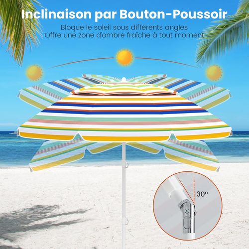 Parasol De Plage Ø200 Cm, 30° Inclinaison, Panneau Solaire Upf 50+ (multicolore)