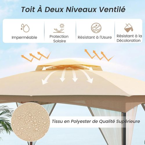 Tonnelle De Jardin 300 X 365 Cm, Avec Double Toit Structure En Métal 4 Sacs De Sable，kaki