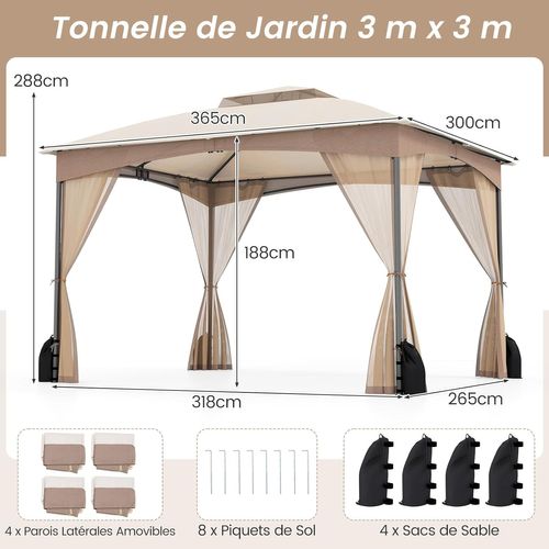 Tonnelle De Jardin 300 X 365 Cm, Avec Double Toit Structure En Métal 4 Sacs De Sable，kaki