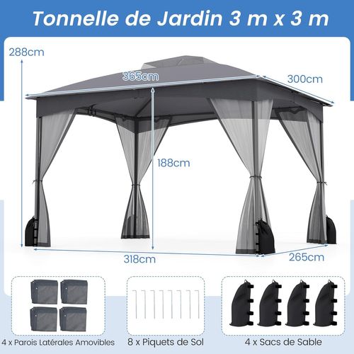 Tonnelle De Jardin 300 X 365 Cm, Avec Double Toit Structure En Métal 4 Sacs De Sable，gris
