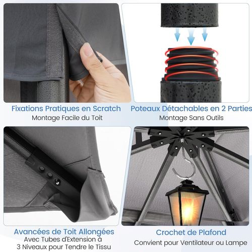 Tonnelle De Jardin 300 X 365 Cm, Avec Double Toit Structure En Métal 4 Sacs De Sable，gris