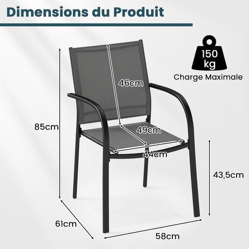Lot De 2 Chaise De Jardin Exterieur, Cadre En Métal, Tissu Respirant, 61 X 58 X 85 Cm, Gris