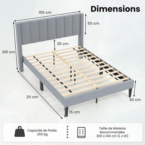 Cadre De Lit Double Velours 140 X 200 Cm Avec Tête De Lit, Lattes En Bois, Gris (style 1)