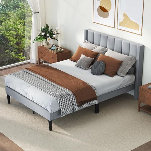 Cadre De Lit Double Velours 140 X 200 Cm Avec Tête De Lit, Lattes En Bois, Gris (style 1)