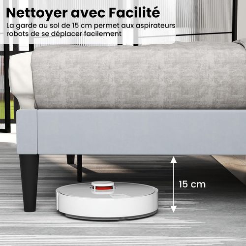 Cadre De Lit Double Velours 140 X 200 Cm Avec Tête De Lit, Lattes En Bois, Gris (style 1)