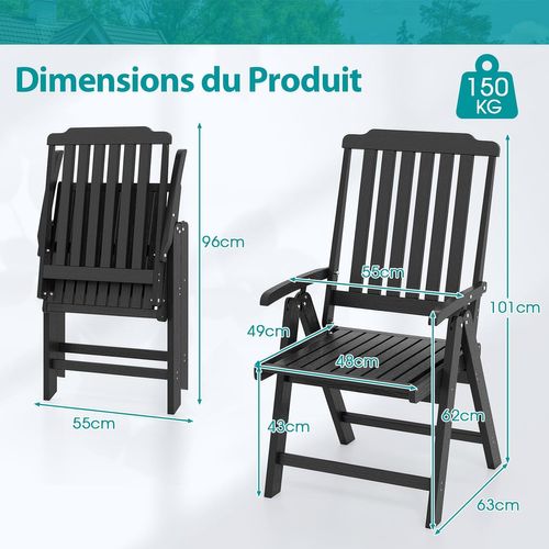 Chiase Pliante Confortable, Chaise De Jardinen Hdpe, Charge 150 Kg, 63 X 55 X 101 Cm (noir)