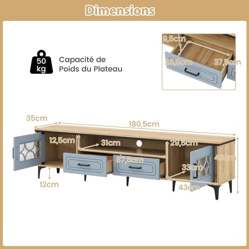 Meuble TV Pour 80", Meuble Tele 180 Cm Avec 2 Tiroirs, 2 Armoires à Porte, Compartiment (bleu)
