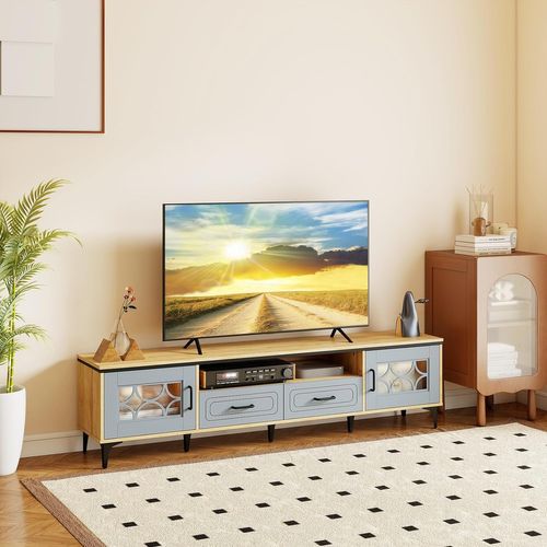 Meuble TV Pour 80", Meuble Tele 180 Cm Avec 2 Tiroirs, 2 Armoires à Porte, Compartiment (bleu)