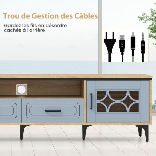 Meuble TV Pour 80", Meuble Tele 180 Cm Avec 2 Tiroirs, 2 Armoires à Porte, Compartiment (bleu)