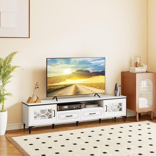 Meuble TV Pour 80", Meuble Tele 180 Cm Avec 2 Tiroirs, 2 Armoires à Porte, Compartiment (blanc)