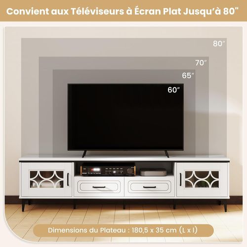 Meuble TV Pour 80", Meuble Tele 180 Cm Avec 2 Tiroirs, 2 Armoires à Porte, Compartiment (blanc)