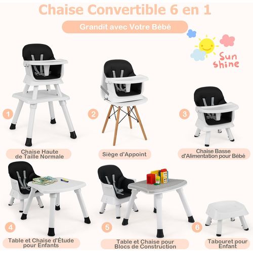 6 En 1 Chaise Haute Bébé Evolutive Avec Plateau Amovible, Chaise D'alimentation,charge 25kg (noir)