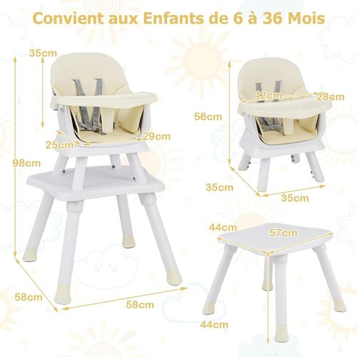6 En 1 Chaise Haute Bébé Evolutive Avec Plateau Amovible, Chaise D'alimentation,charge 25kg(beige)