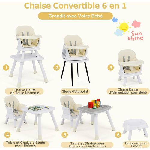 6 En 1 Chaise Haute Bébé Evolutive Avec Plateau Amovible, Chaise D'alimentation,charge 25kg(beige)
