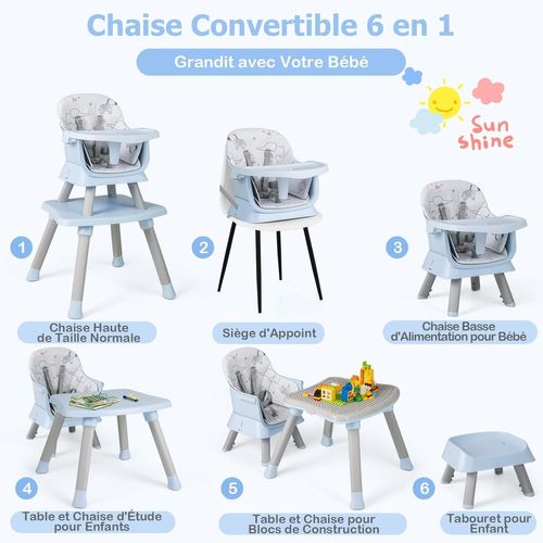 6 En 1 Chaise Haute Bébé Evolutive Avec Plateau Amovible, Chaise D'alimentation, Charge 25kg(bleu)