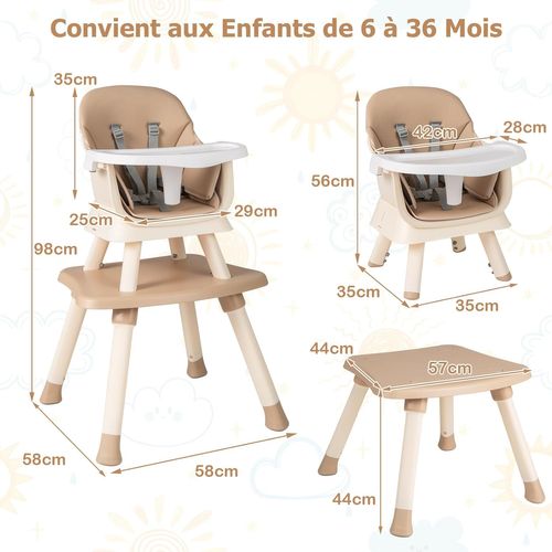 6 En 1 Chaise Haute Bébé Evolutive Avec Plateau Amovible, Chaise D'alimentation,charge 25kg(café)