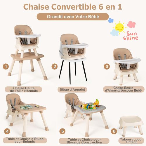 6 En 1 Chaise Haute Bébé Evolutive Avec Plateau Amovible, Chaise D'alimentation,charge 25kg(café)