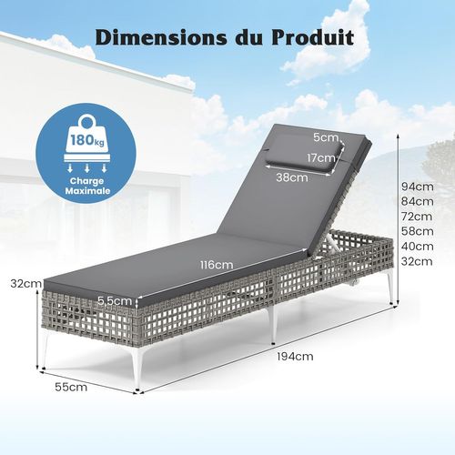 Chaise Longue Jardin Exterieur En Osier Pe, Dossier Réglable Sur 6 Niveaux, Coussin Amovibles