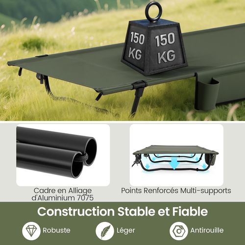 Lit De Camp Pliable 1 Personne, Poche Latérale, Sac De Transport, 70x193, Lit Pliant
