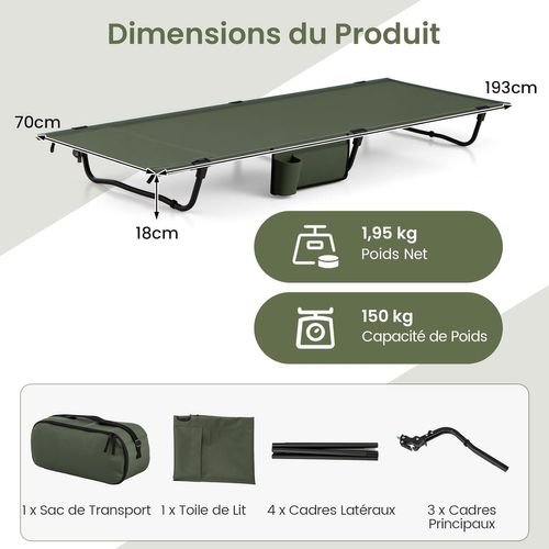 Lit De Camp Pliable 1 Personne, Poche Latérale, Sac De Transport, 70x193, Lit Pliant