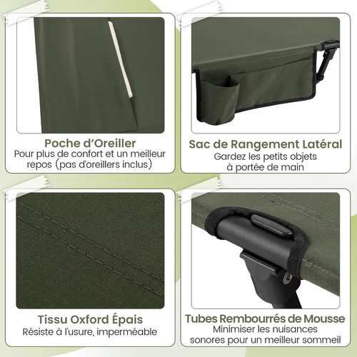Lit De Camp Pliable 1 Personne, Poche Latérale, Sac De Transport, 70x193, Lit Pliant