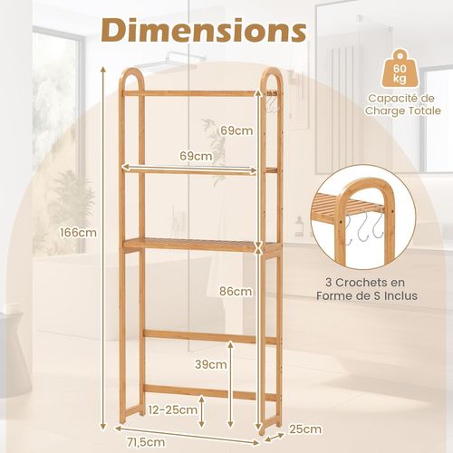 Meuble Wc Au-dessus Des Toilettes En Bambou De Bain à 3 Niveaux, 3 Crochets, Naturel