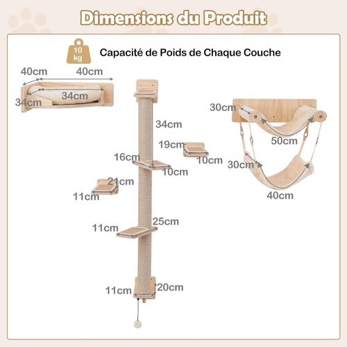 Arbre à Chat Mural En Bois, 5 Pièces Parcours Chat, 3 Poteaux à Griffer En Jute, Pour 3-4 Chats