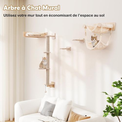 Arbre à Chat Mural En Bois, 5 Pièces Parcours Chat, 3 Poteaux à Griffer En Jute, Pour 3-4 Chats