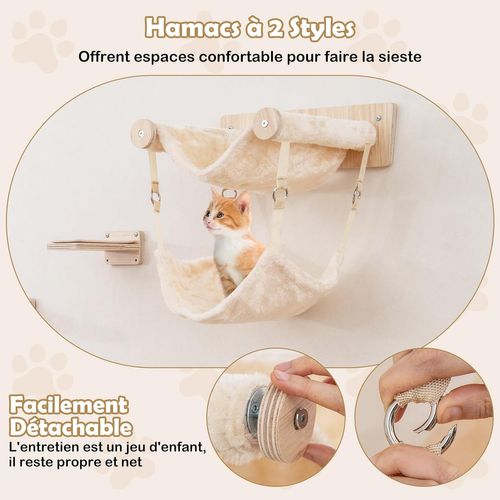 Arbre à Chat Mural En Bois, 5 Pièces Parcours Chat, 3 Poteaux à Griffer En Jute, Pour 3-4 Chats