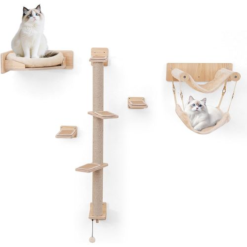 Arbre à Chat Mural En Bois, 5 Pièces Parcours Chat, 3 Poteaux à Griffer En Jute, Pour 3-4 Chats