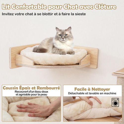 Arbre à Chat Mural En Bois, 5 Pièces Parcours Chat, 3 Poteaux à Griffer En Jute, Pour 3-4 Chats