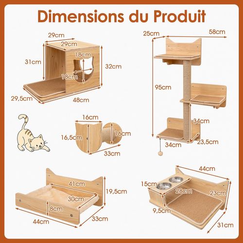 Arbre à Chat Mural En Bois, 6 Pièces Parcours Chat, Hamac, Condo, Plateforme Avec 2 Gamelles