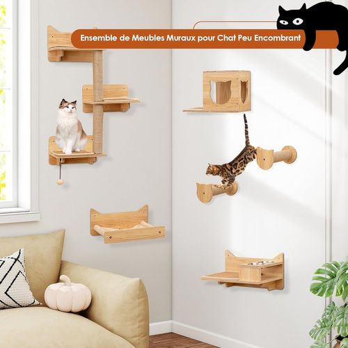 Arbre à Chat Mural En Bois, 6 Pièces Parcours Chat, Hamac, Condo, Plateforme Avec 2 Gamelles