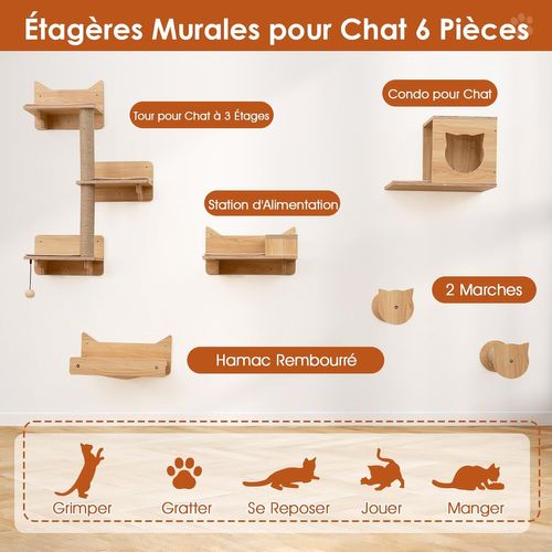 Arbre à Chat Mural En Bois, 6 Pièces Parcours Chat, Hamac, Condo, Plateforme Avec 2 Gamelles